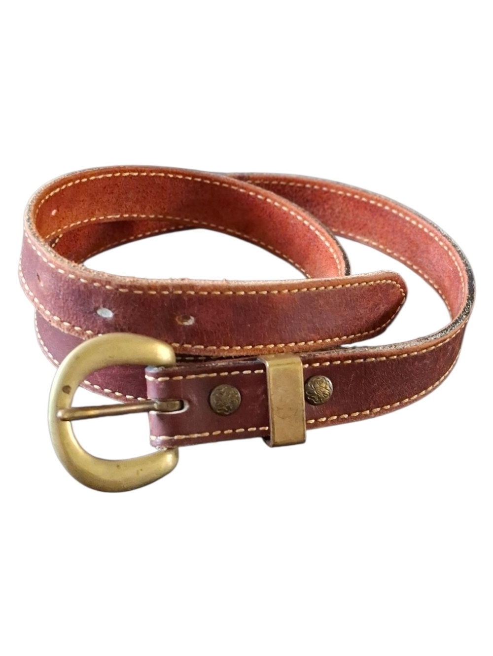 Holland Vintage 90' Rare Burgundy Leather Belt, Size 32, Rustic Brass Buckle.
